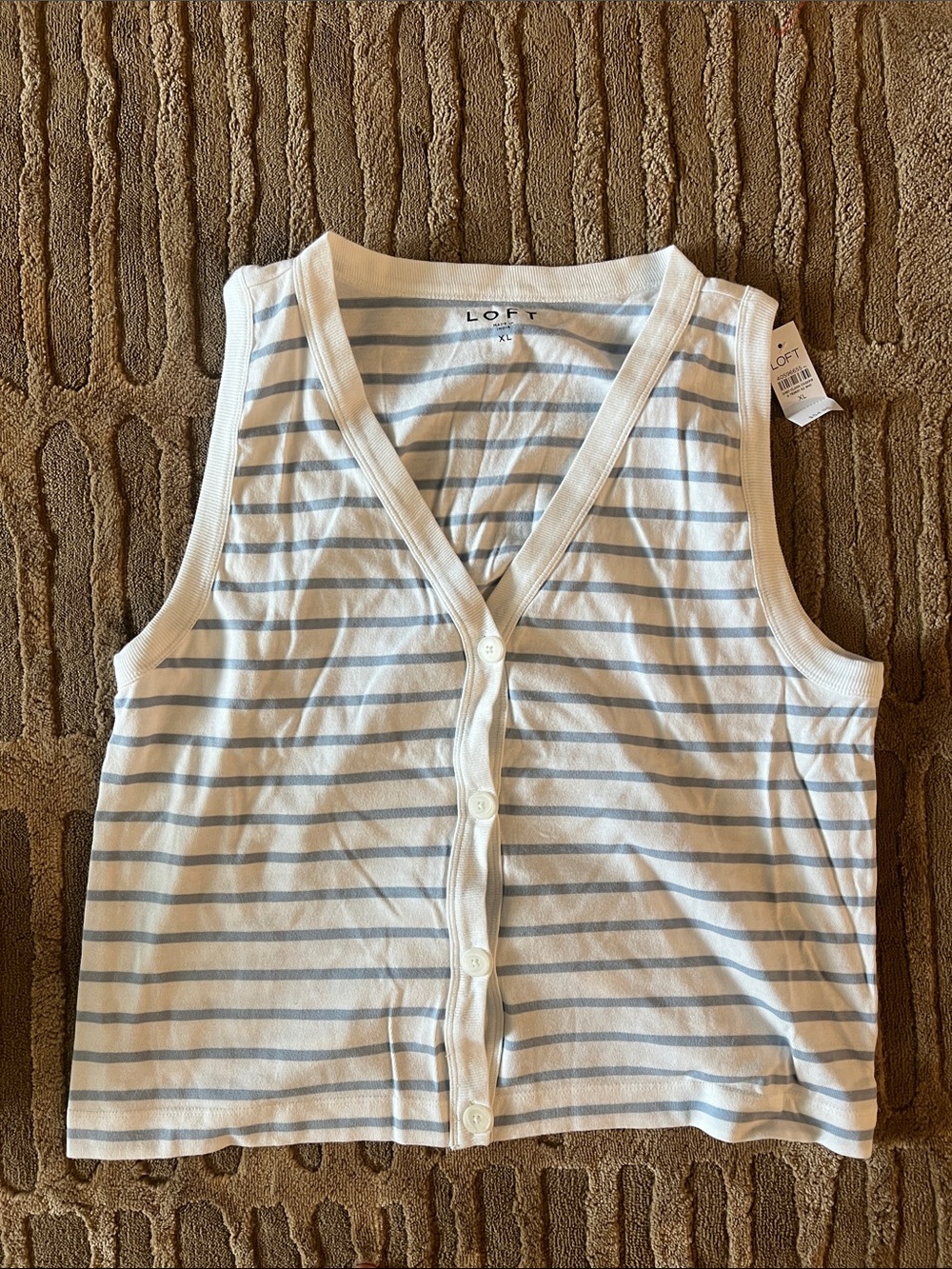 LOFT White & Light Blue Striped Button Tank